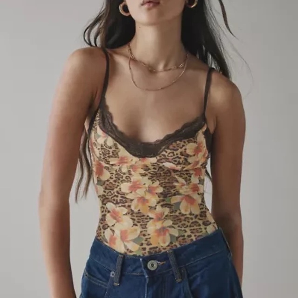 UO Out From Under Felicia Mesh Bodysuit in Hibiscus Print XL